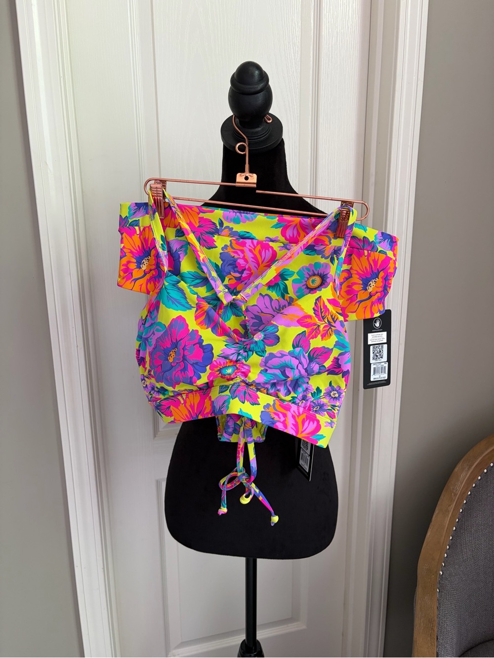 Body Glove Neon Floral Tie-Front Crop Top - Yellow, Pink, Purple
